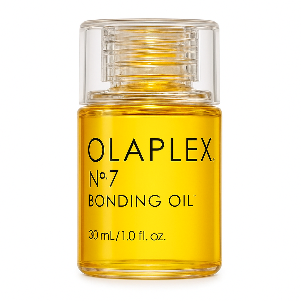 Olaplex No.7 Bonding Oil bottle filled with golden-yellow hair treatment oil on a white background.