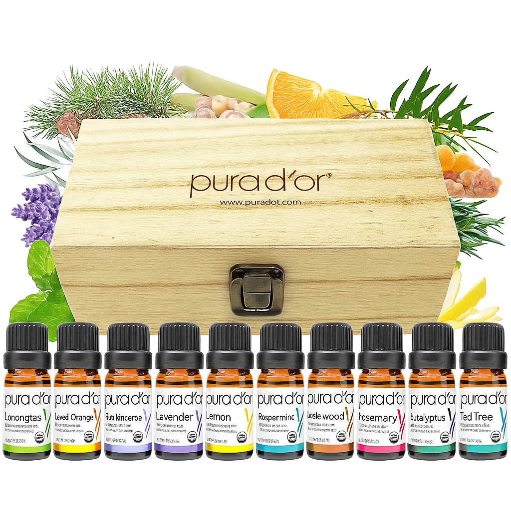 PURA D'OR Organic Perfect10 Essential Oils Gift Set in wooden box – 10 pure aromatherapy oils for relaxation and stress relief.