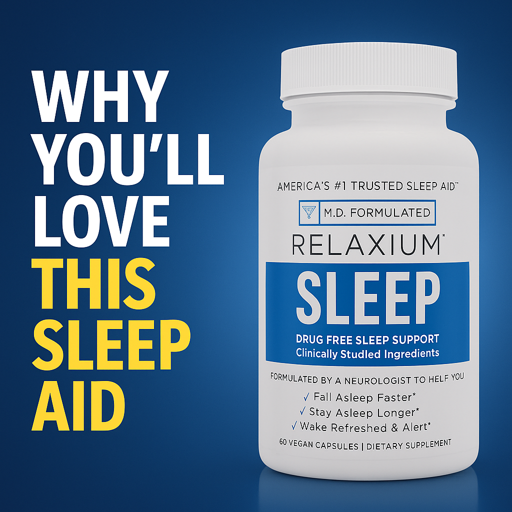 Relaxium Sleep Aid bottle on a blue background with bold text saying “Why You’ll Love This Sleep Aid” – natural drug-free sleep support supplement.
