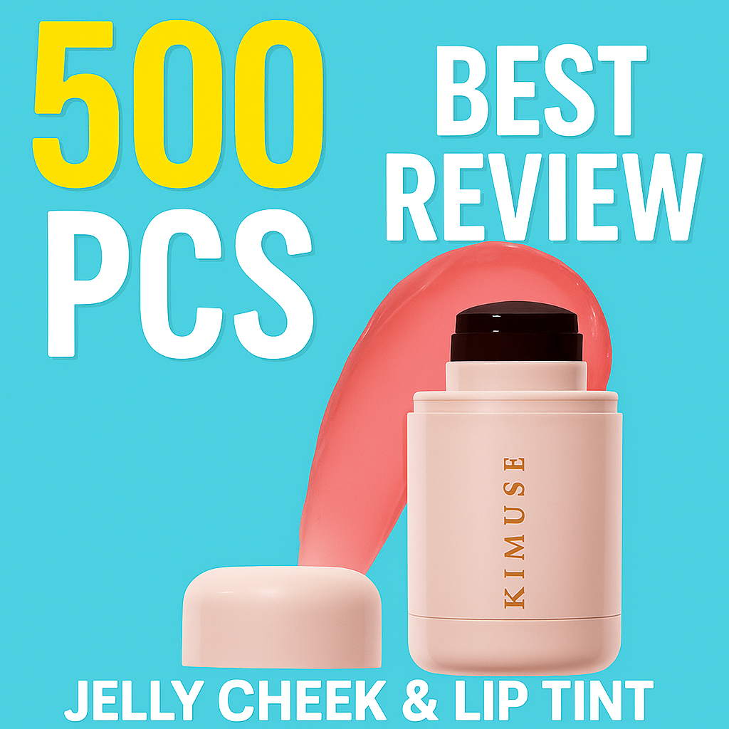 "KIMUSE Jelly Cheek & Lip Tint stick with pink tint smear on turquoise background, text showing 500 PCS and Best Review"