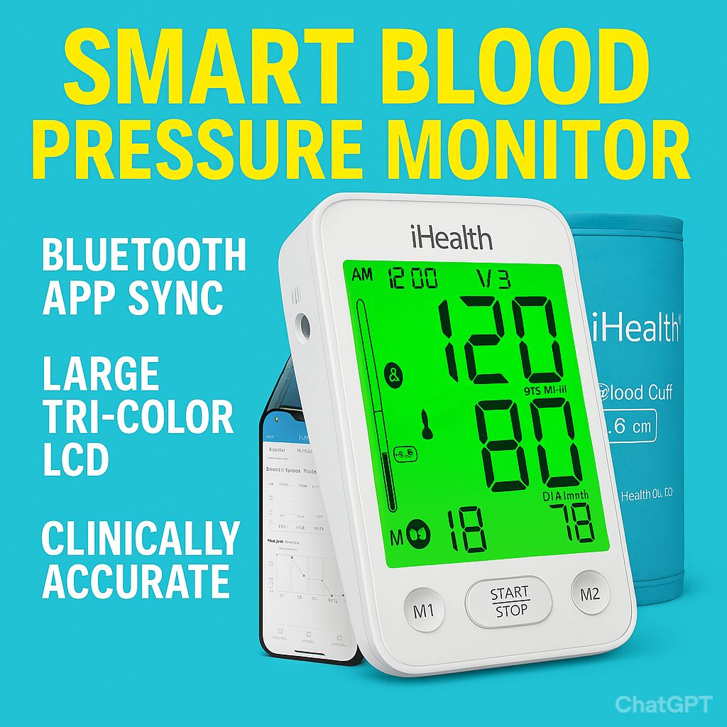 iHealth Accu Luminate smart blood pressure monitor with Bluetooth app sync, green tri-color LCD display, and cuff for accurate home BP measurement.