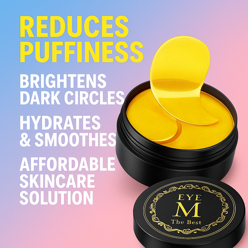 Thumbnail image of NAZANO 24K Gold Under Eye Patches in a black round container with golden hydrogel patches inside, featuring text highlights such as “Reduces Puffiness, Brightens Dark Circles, Hydrates & Smooths, Affordable Skincare Solution” on a clean and attractive background.