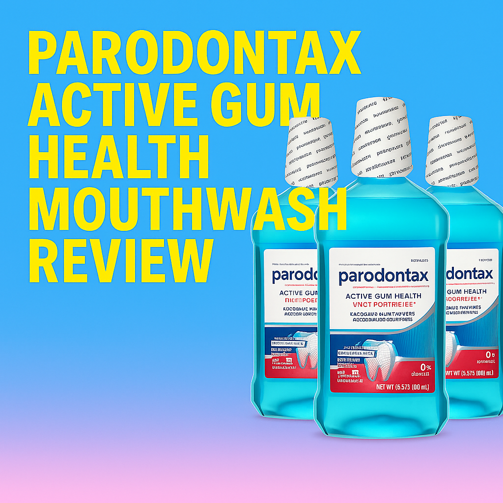 Parodontax Active Gum Health Mouthwash bottle with review highlights for fresh breath and gum protection