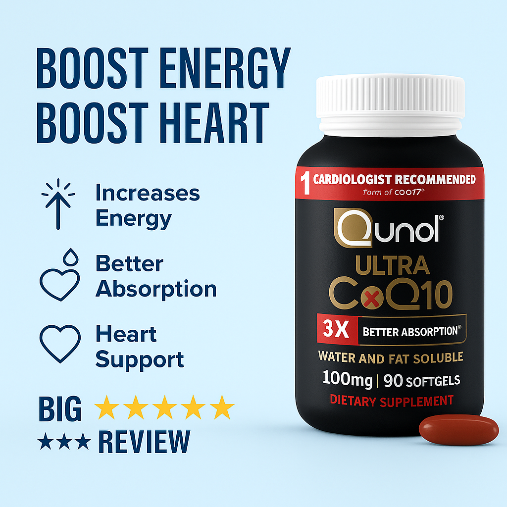 Thumbnail of Qunol Ultra CoQ10 100mg softgels bottle highlighting benefits: increases energy, better absorption, and heart support with bold text and icons.