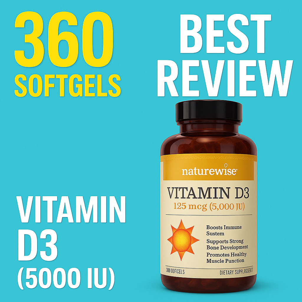 NatureWise Vitamin D3 5000 IU supplement bottle (360 softgels) with bold text highlighting “Best Review” and immune health benefits.
