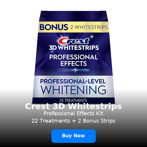 Crest 3D Whitestrips Professional Effects teeth whitening kit with 22 treatments and 2 bonus strips for professional-level whitening.