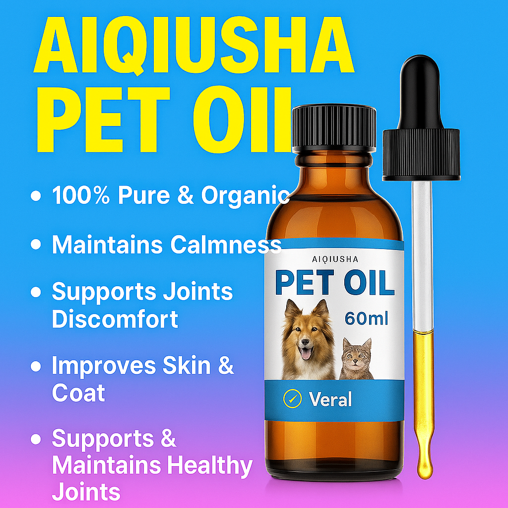 AIQIUSHA Pet Oil 60ml bottle with dropper – organic hemp oil for dogs and cats, supports calmness, joint health, skin & coat improvement.