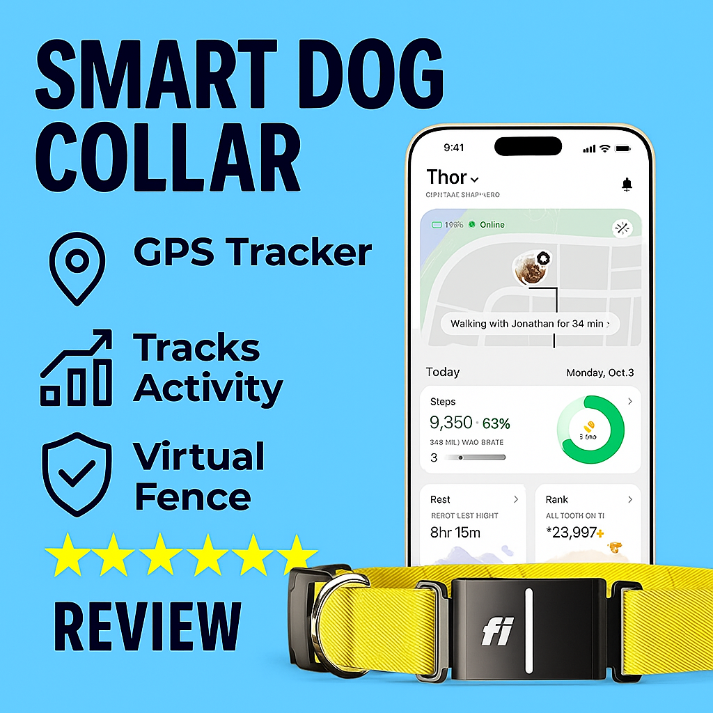 Smart yellow Fi Series 3+ dog collar with phone app showing GPS tracking, activity, and virtual fence features.