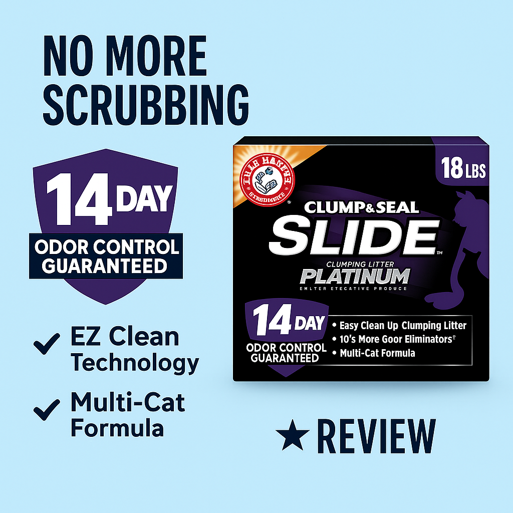 Thumbnail image of ARM & HAMMER Clump & Seal SLIDE Platinum Cat Litter box highlighting 14-day odor control, EZ Clean Technology, and multi-cat formula in an 18 lbs package.