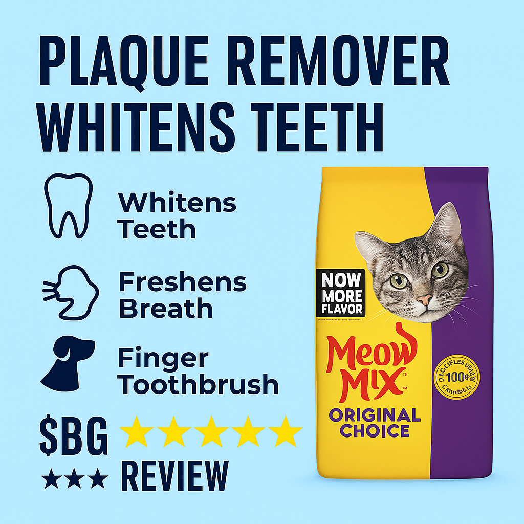 Meow Mix Original Choice Dry Cat Food bag with image of cat and food bowl, featuring flavors of chicken, salmon, turkey, and ocean fish on a light blue background.