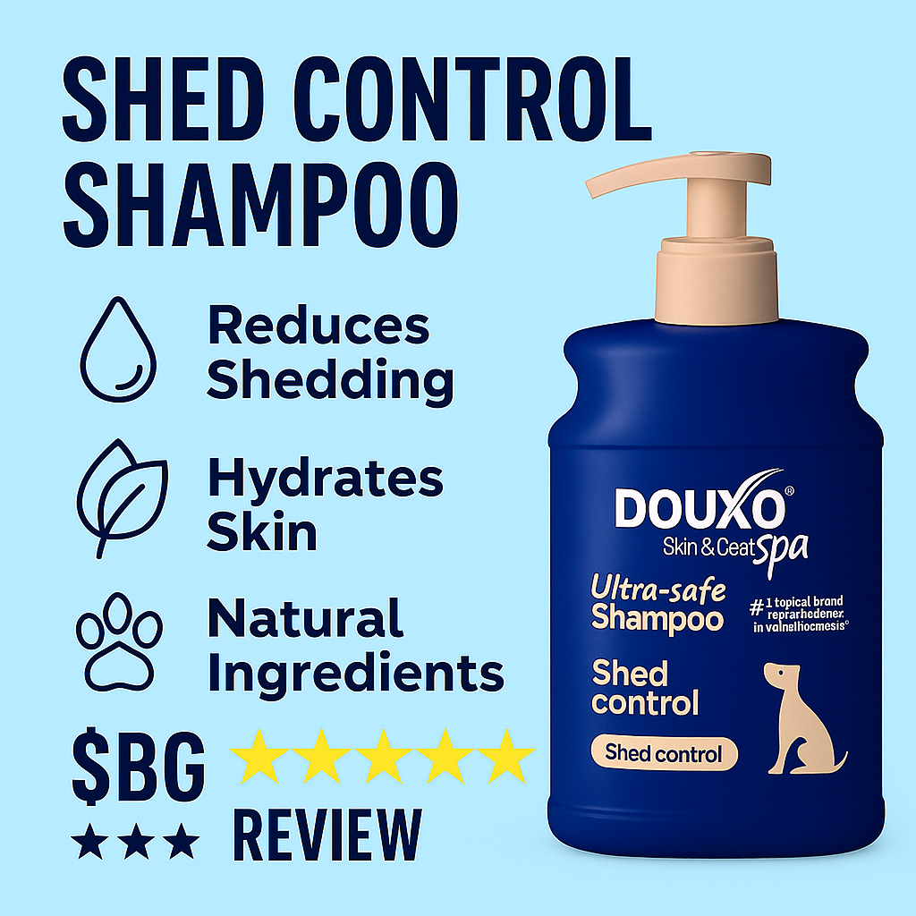 Blue bottle of Douxo Skin & Coat Spa Shed Control Shampoo for dogs with text highlights showing benefits: reduces shedding, hydrates skin, and natural ingredients, on a light blue background.