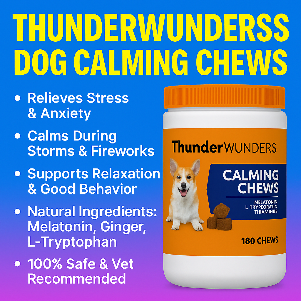 ThunderWunders Dog Calming Chews container with key benefits highlighted, natural stress relief supplement for dogs.