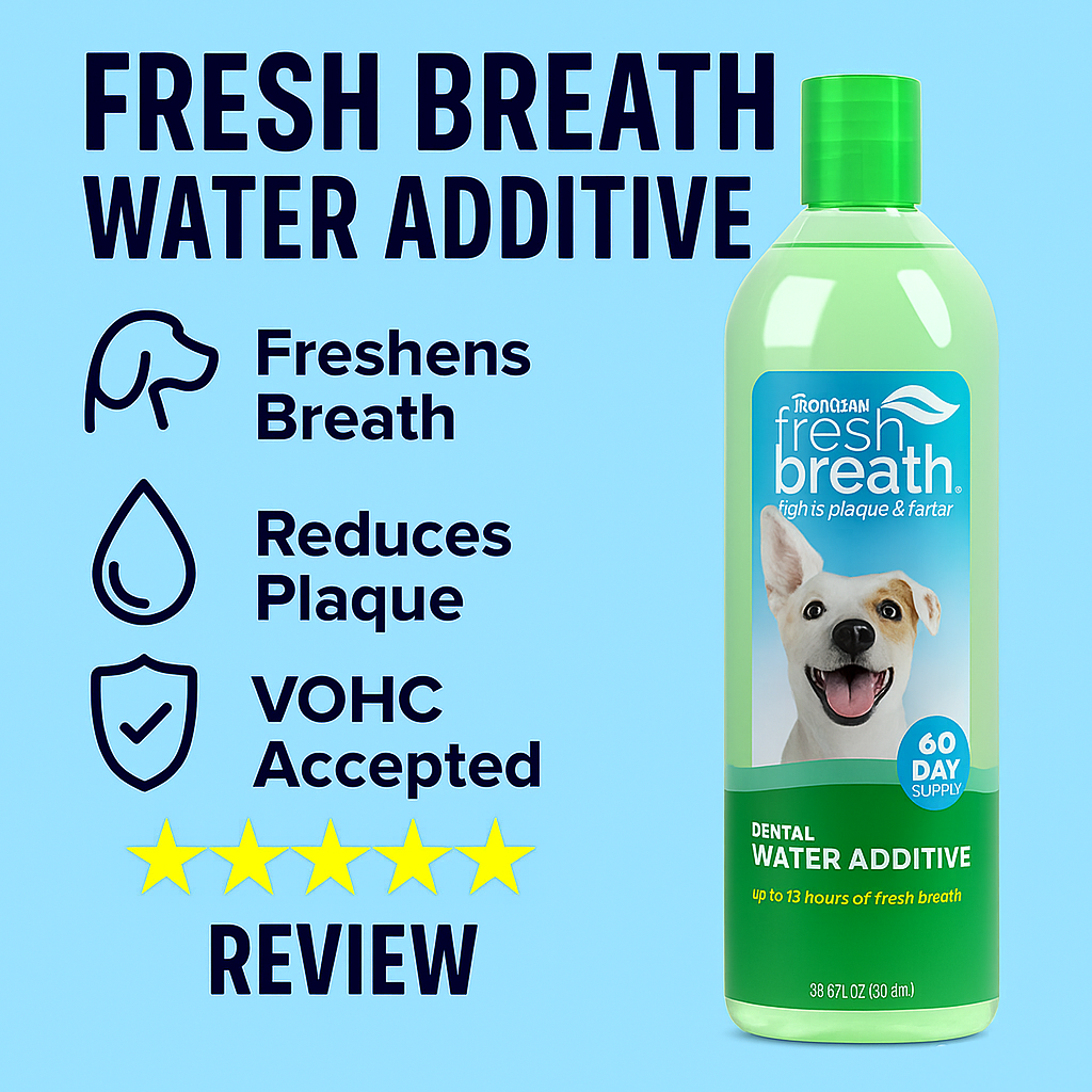 Thumbnail image showing TropiClean Fresh Breath Water Additive bottle with icons and text highlighting features like freshens breath, reduces plaque, and VOHC accepted, on a light blue background with review stars.