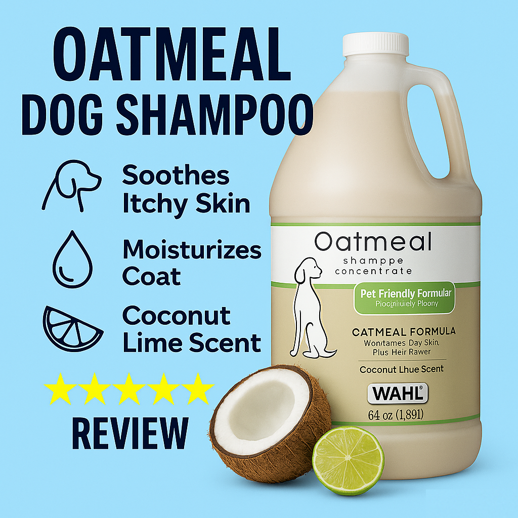 Beige bottle of Wahl Oatmeal Dog Shampoo with coconut and lime beside it, text highlights showing benefits: soothes itchy skin, moisturizes coat, and coconut lime scent, on a light blue background.